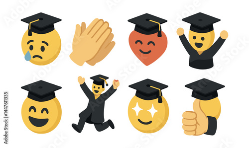 Graduation joy icons set – smiley, cap, clap, heart, jump, thumbs, cheer