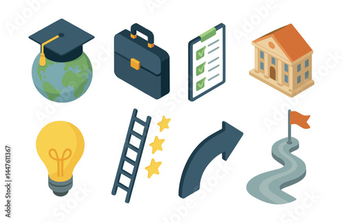 Future aspirations icon set – education, career, checklist, achievement, ambition, path, journey