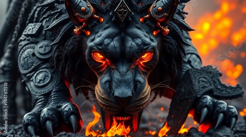 Extreme macro close-up of a monstrous lion warrior black volcanic rock skin, flaming eyes, glowing orange and red veins. Fierce, menacing expression