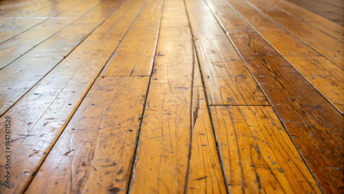 Worn wooden floor with scratches and natural texture in warm brown tones, showing vintage style and high fidelity detail in close up perspective