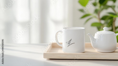 Wallpaper Mural Morning Tea Set: White Mug & Pot on Wooden Tray tea set mug teapot beverage white wooden tray clean Torontodigital.ca