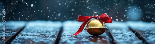 Golden Christmas Bell with Red Bow on Snowy Wooden Surface - Photo
