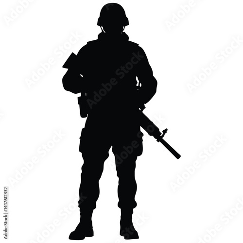 A black silhouette of a soldier in full gear, standing with a rifle, conveying a sense of military readiness and strength