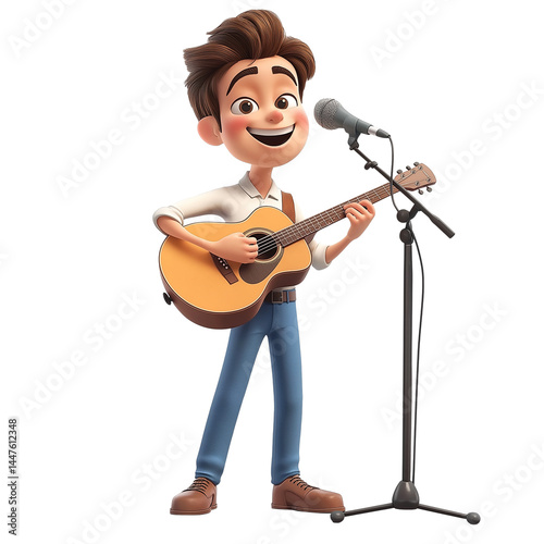 Young musician performs with guitar on stage