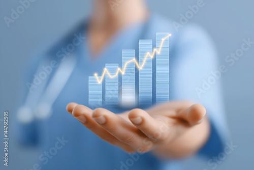 A healthcare professional presents a digital bar graph with a rising trend, symbolizing medical growth or success.