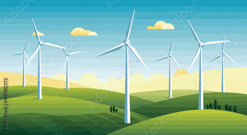 Wind Turbine Farm on Rolling Hills - Vector Art
