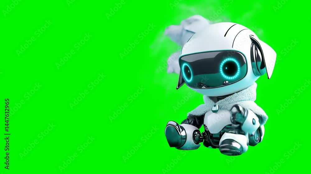 Adorable White Robot Sitting on Green Screen Adorable White Robot Sitting on Green Screen