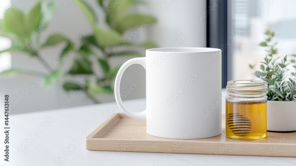 Obraz premium Cozy Morning: Mug, Honey, and Plant on Wooden Tray mug honey honey jar wooden tray plant greenery