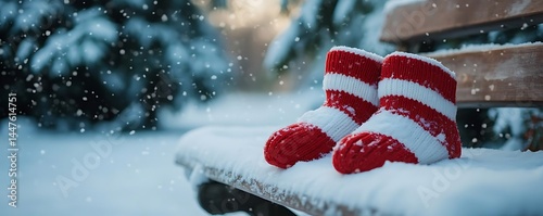 Red and White Striped Socks on Snowy Bench Illustration