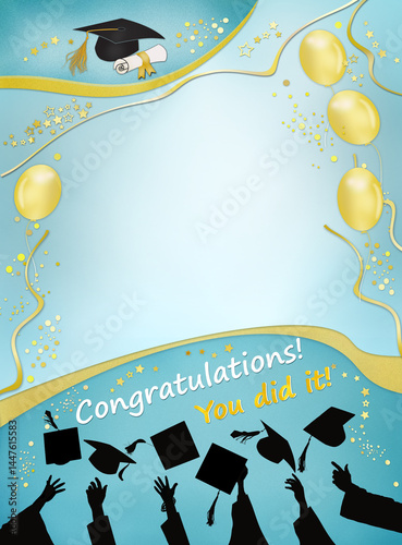 happy graduation congratulation ' you did it ' framework background template in turquoise and gold colors with hands and flying grad hat shilluettes .Free copy space..
