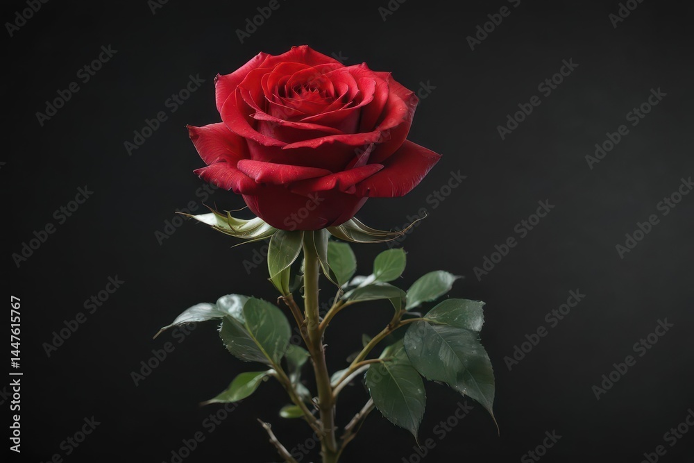 Naklejka premium A single red rose, stark against a deep black background , passion, dramatic