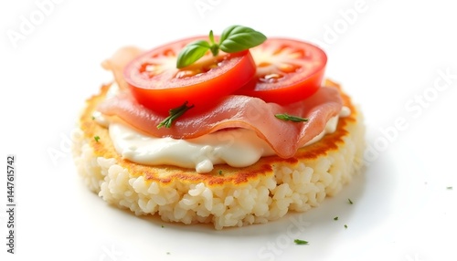 Rice cakes with cream cheese, prosciutto and tomato top view isolated on white background