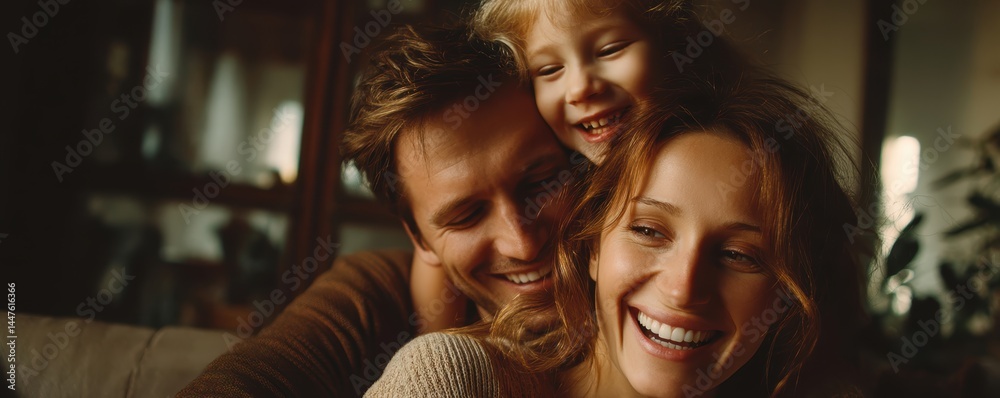 Fototapeta premium Joyful caucasian family moment with happy young parents and child at home