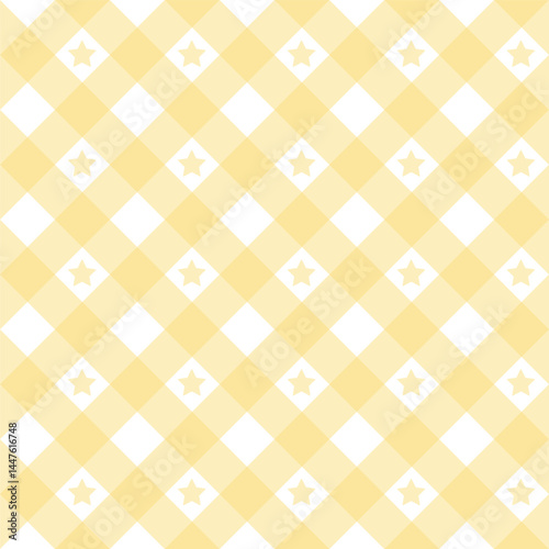 Gingham star diagonal seamless pattern in pastel yellow color. Vichy plaid design for Easter holiday textile decorative. Vector checkered pattern for fabric picnic blanket, tablecloth, dress, napkin.