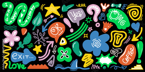 Naive cute abstract shapes sticker pack. Fun funky flowers, bubbles, stars, circles, eyes typography in trendy retro 90s cartoon style