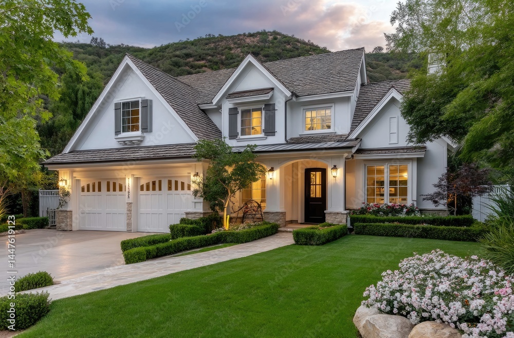 A beautiful two-story home in the Santa Monica mountains with a three-car garage and a large front yard, green grass on the lawn, and a driveway that leads up to it. A beautiful two-story home in the Santa Monica mountains with a three-car garage and a large front yard, green grass on the lawn, and a driveway that leads up to it.