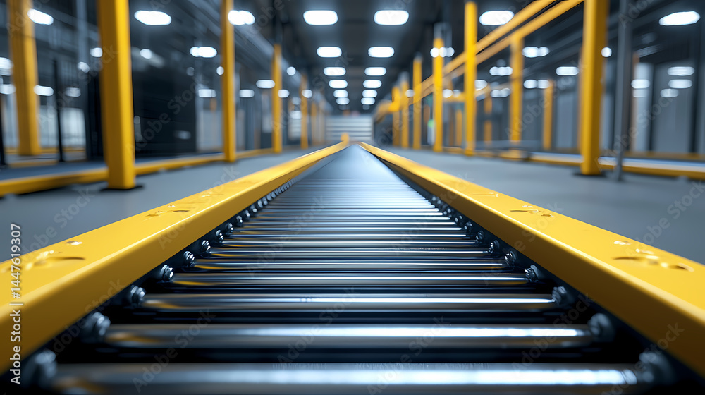 Fototapeta premium A modern conveyor system inside a brightly lit industrial facility, featuring yellow frames and metal rollers.