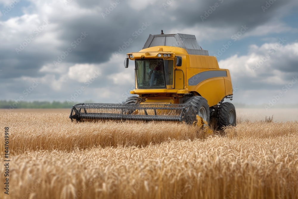 Obraz premium Combine Harvester Cutting Wheat Field Under Cloudy Sky