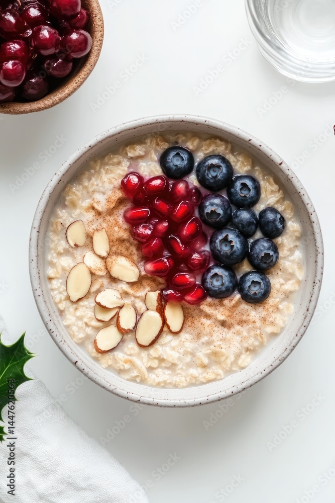 Warm oatmeal topped with fresh fruits and nuts, creating vibrant Warm oatmeal topped with fresh fruits and nuts, creating vibrant