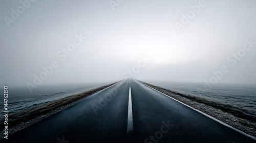Mystical journey: Enigmatic road vanishing into the shrouded horizon under dense fog