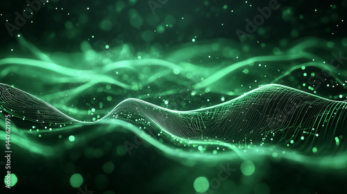 Abstract digital visualization of smooth green waves resembling neural networks or data streams. The image features glowing lines and floating particles that create a sense of motion and energy.