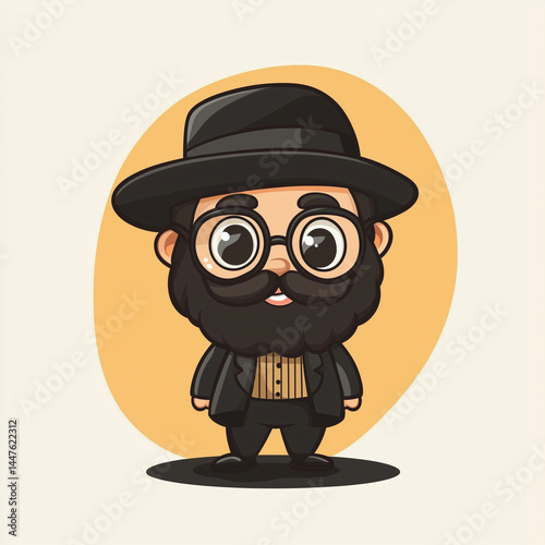 Charming chibi-style illustration of a cute rabbi character with large round glasses, a full black beard, and a warm smile. He wears a traditional black outfit
