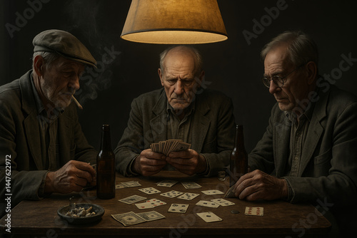 Three serious elderly men sit around a dimly lit table under a hanging lamp, intently playing cards for money. One man smokes a cigarette. Moody scene.