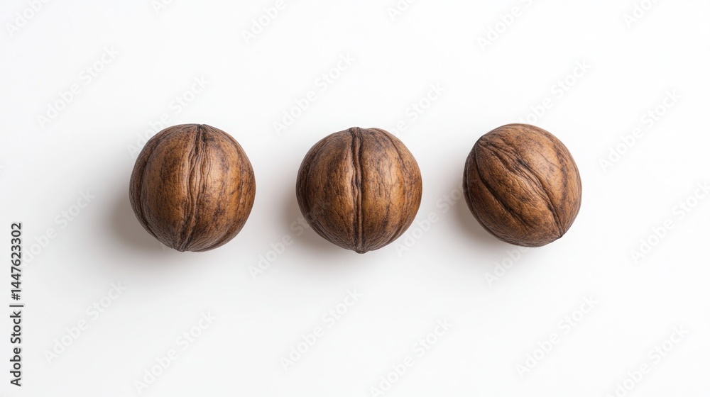 Three Walnuts in a Row on White Background, Simple Composition, Studio Shot, Brown Nuts, Healthy Food, Nature's Goodness, Minimalist Photography Three Walnuts in a Row on White Background, Simple Composition, Studio Shot, Brown Nuts, Healthy Food, Nature's Goodness, Minimalist Photography