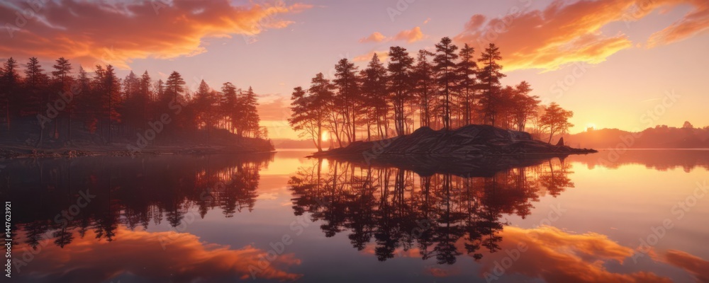 Fototapeta premium Serene sunset paints the calm lake with fiery hues, reflecting tranquility , atmosphere, sky, majestic