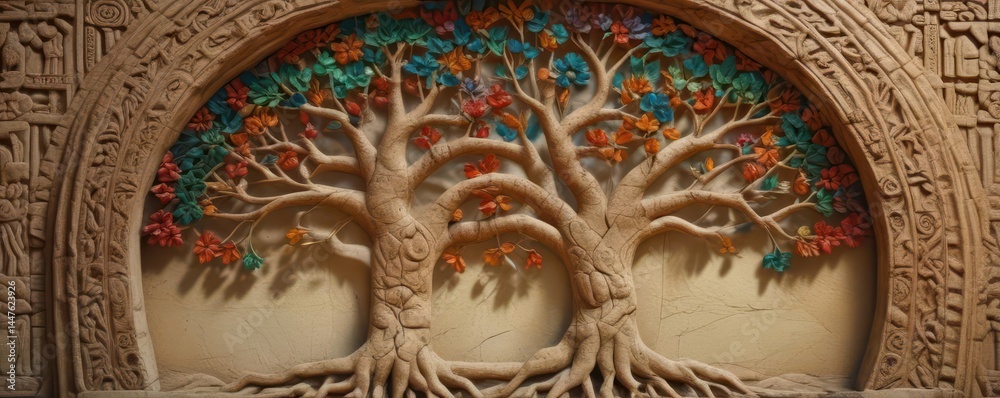 Naklejka premium Ancient stone, intricately carved Tree of Life , power, civilization