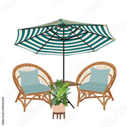 Summer street cafe, restaurant scene. Patio, outdoor, garden furniture set with chairs, table, umbrella, potted plants. Coffee shop. Cafe terrace with seat under parasol. Vector illustration isolated