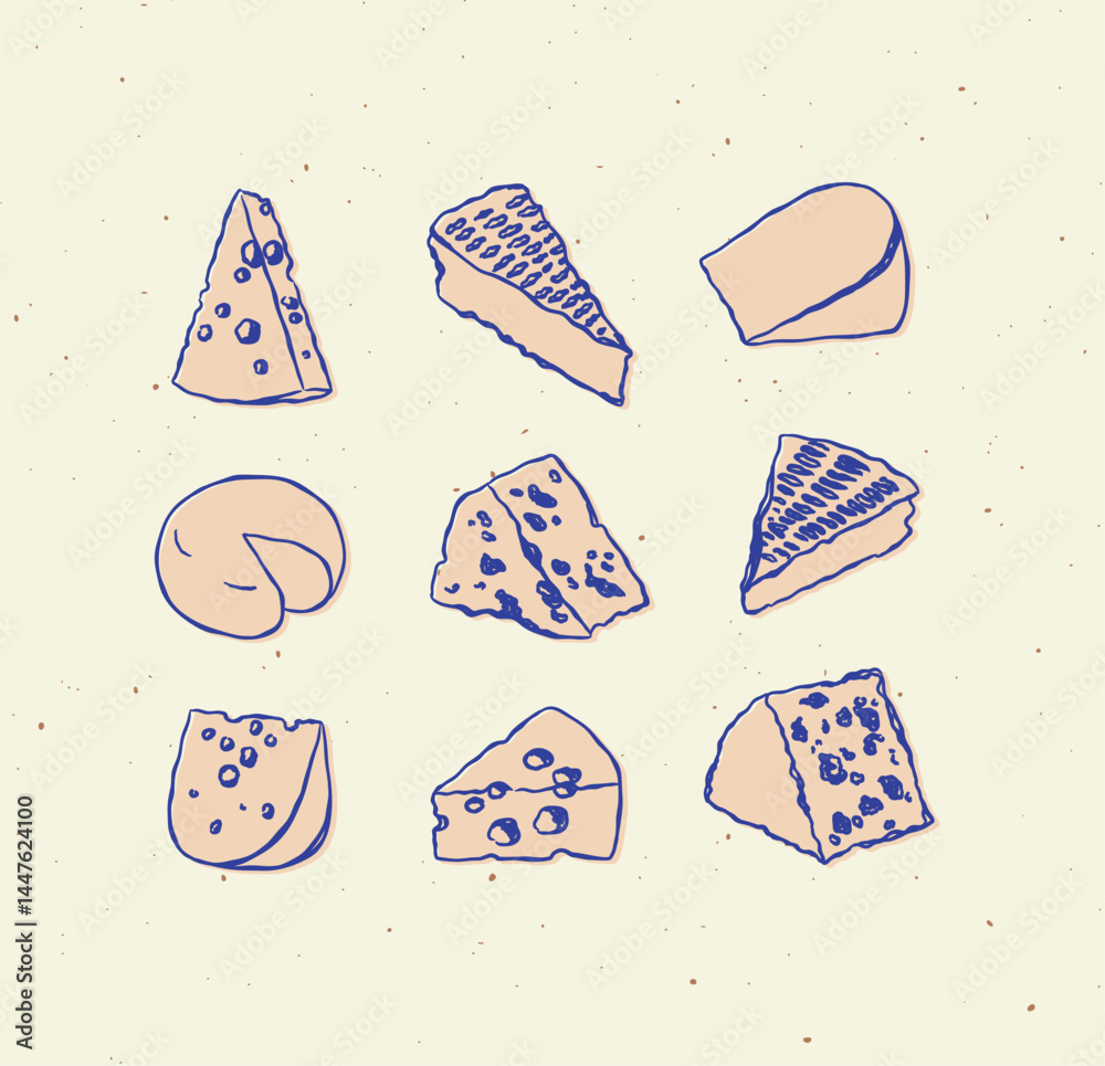 Cheese types set icon collection cheddar, blue cheese, parmesan, camembert, gouda, emmental, brie, edam drawing with blue and pink on beige background