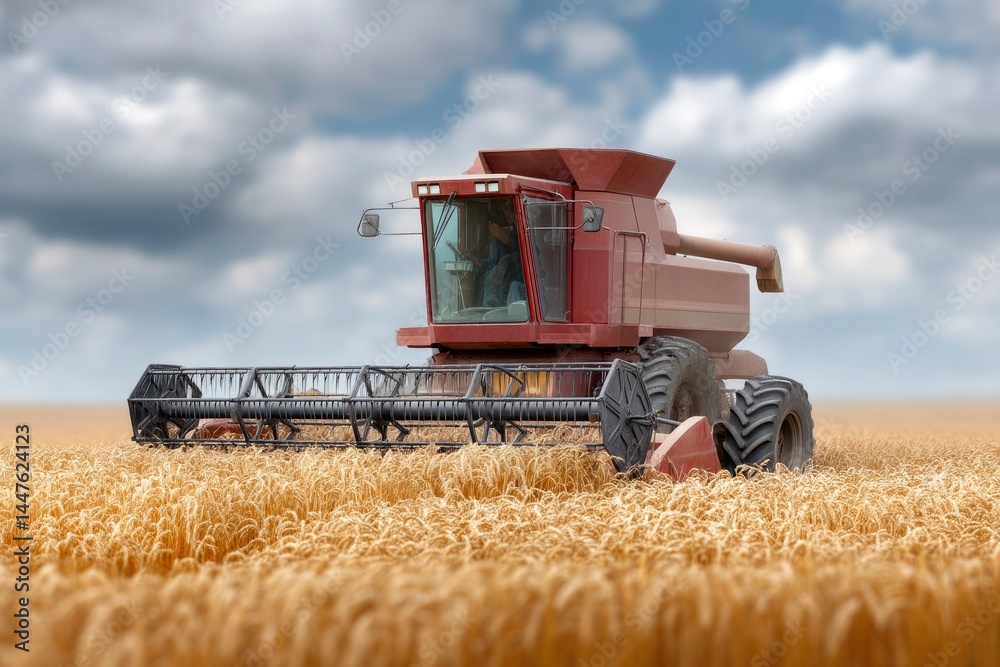 Fototapeta premium Combine Harvester in Wheat Field Under Cloudy Sky