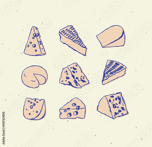 Cheese types set icon collection cheddar, blue cheese, parmesan, camembert, gouda, emmental, brie, edam drawing with blue and pink on beige background