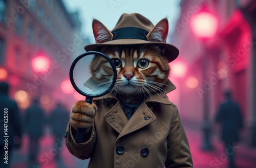 Cat detective exploring a city street during a foggy evening with colorful street lights