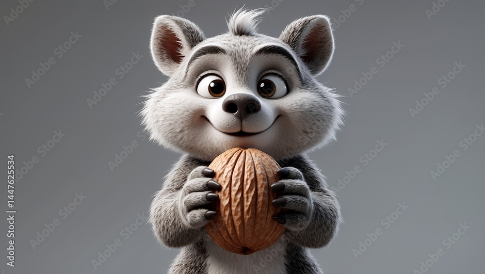 Charming cartoon animal with nut on gray background Charming cartoon animal with nut on gray background