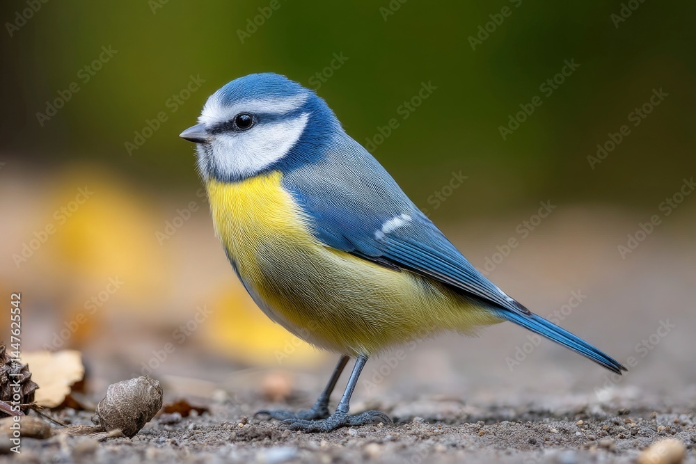 Naklejka premium Blue Tit Bird on the Ground