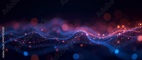 Dynamic futuristic background with abstract digital wave of glowing particles, neon dots with bokeh effect on dark background.	