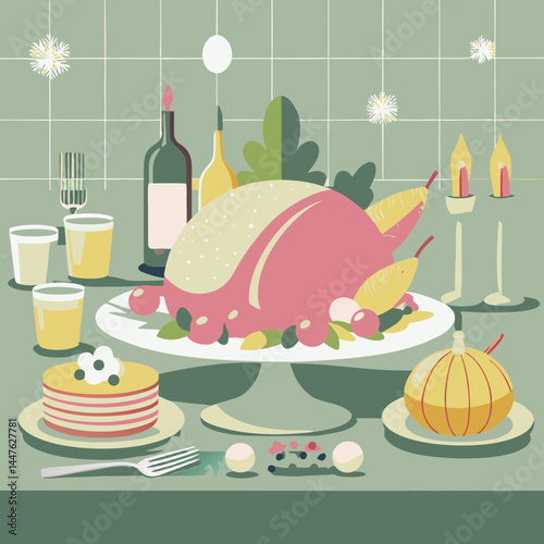 Thanksgiving turkey dinner illustration with candles and desserts