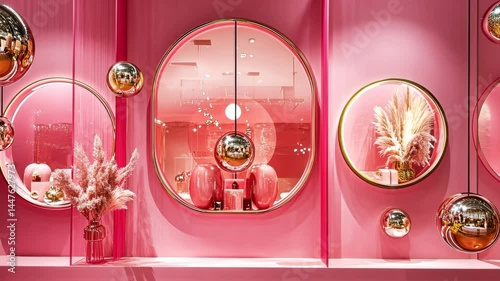 Vibrant boutique window display with reflections and stylish decor elements