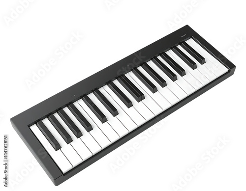 Close-up of a sleek, black piano keyboard with white and black keys
