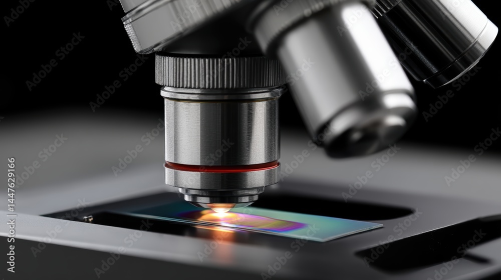Fototapeta premium A microscope's objective lens is shown in extreme close-up, revealing its intricate and precise construction - science shot tool photography