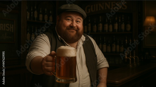 A cheerful, bearded bartender wearing a traditional cap and vest smiles warmly, offering a large, frothy mug of beer towards the viewer in a cozy pub.