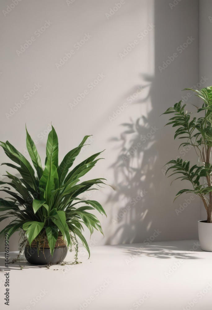 Fototapeta premium Open magazine spread showcasing a customizable backdrop with lifelike plant shadows; ideal for editorial design projects , green, design