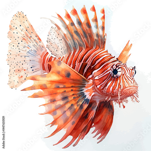 illustration of Lionfish With Long Flowing Fins, watercolor vector, isolated on a white background.