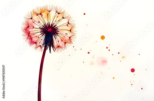 Red and yellow watercolor silhouette of a fluffy dandelion on a white background