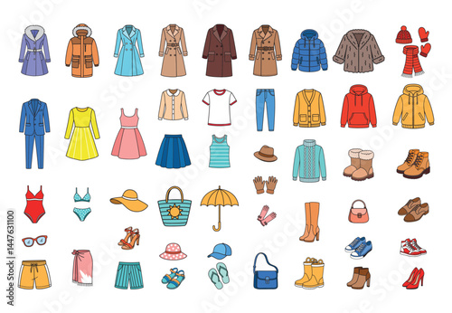 all clothes_colorColor clothing icon set. Vector illustration of clothes, shoes, hats, and fashion accessories.