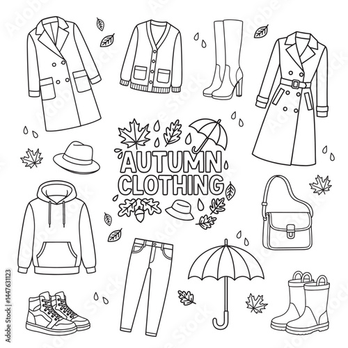 Autumn clothesBlack and white autumn clothing icon set with coat, hoodie, boots, and umbrella. Vector illustration