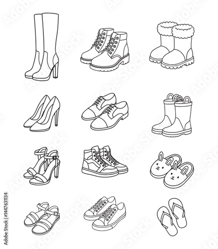 Black and white footwear icon set. Vector line art illustration of shoes, boots, sneakers, slippers