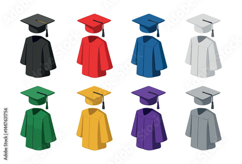 Colorful graduation attire icon set – gown, cap, tassel, academic, ceremony, education, celebration
